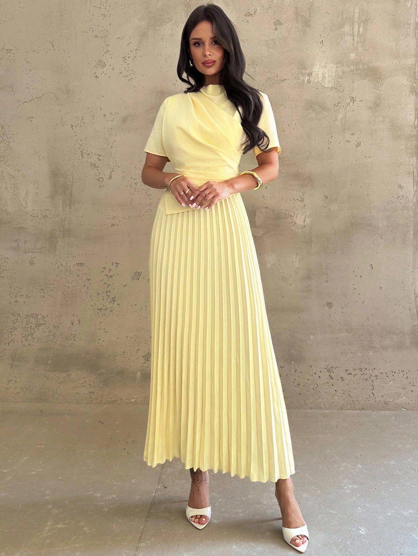 Firerie Women's Elegant Wedding Teachers' Day Brunch Tea Party Everyday Wear Pale Yellow Dress With Draped Asymmetrical Hem And Pleated Details Summer