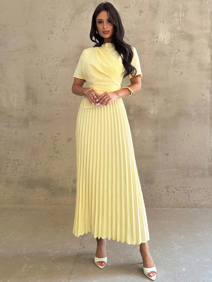 Firerie Women's Elegant Wedding Teachers' Day Brunch Tea Party Everyday Wear Pale Yellow Dress With Draped Asymmetrical Hem And Pleated Details Summer