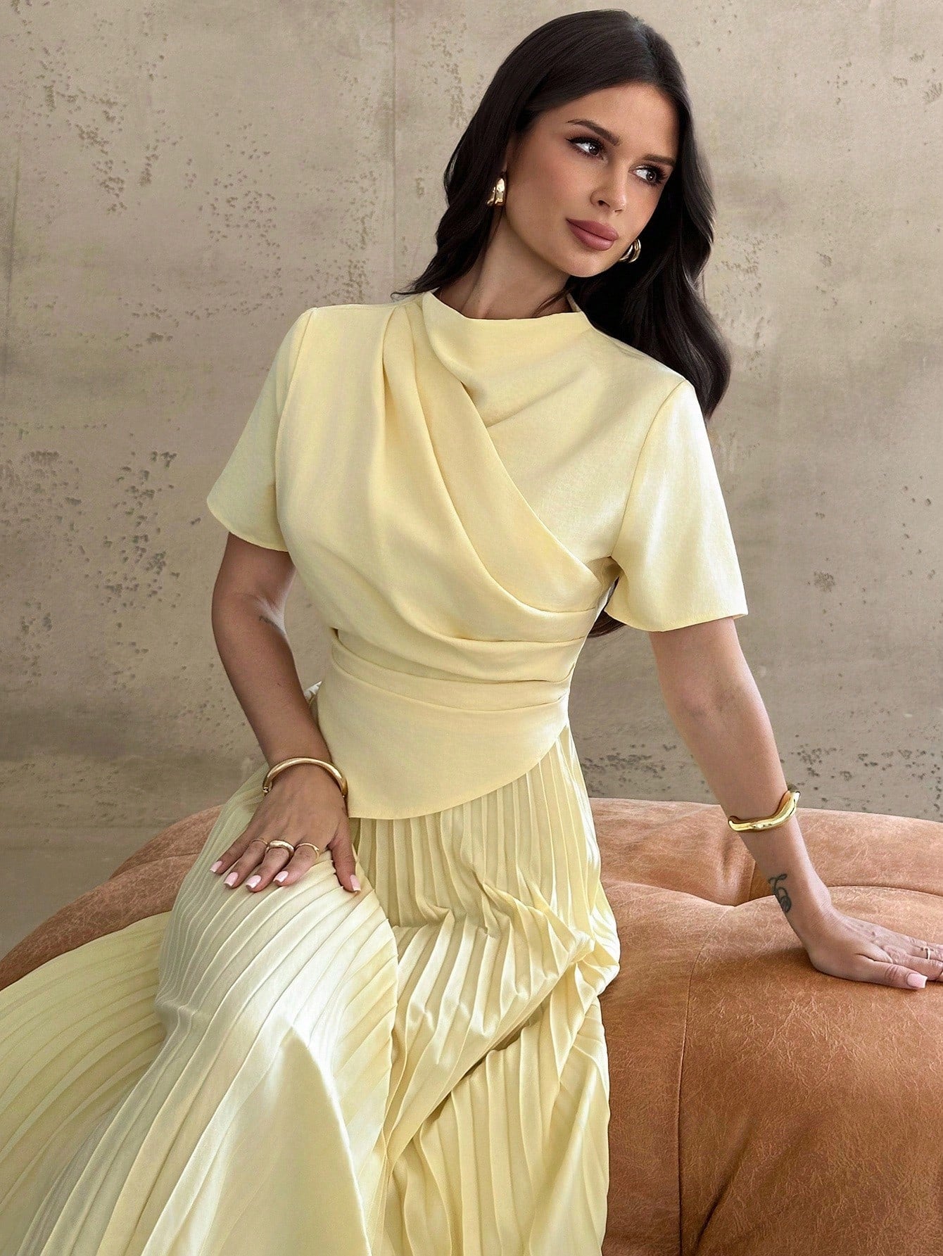 Firerie Women's Elegant Wedding Teachers' Day Brunch Tea Party Everyday Wear Pale Yellow Dress With Draped Asymmetrical Hem And Pleated Details Summer