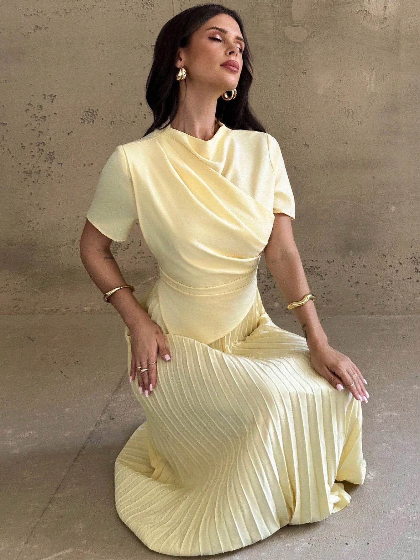 Firerie Women's Elegant Wedding Teachers' Day Brunch Tea Party Everyday Wear Pale Yellow Dress With Draped Asymmetrical Hem And Pleated Details Summer