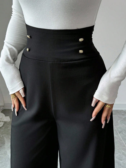 Firerie Women's Minimalist Classy Elegant High-Waisted Slimming Black Wide Leg Pants For Work Dinner,Office Work Wear Teachers' Day Summer