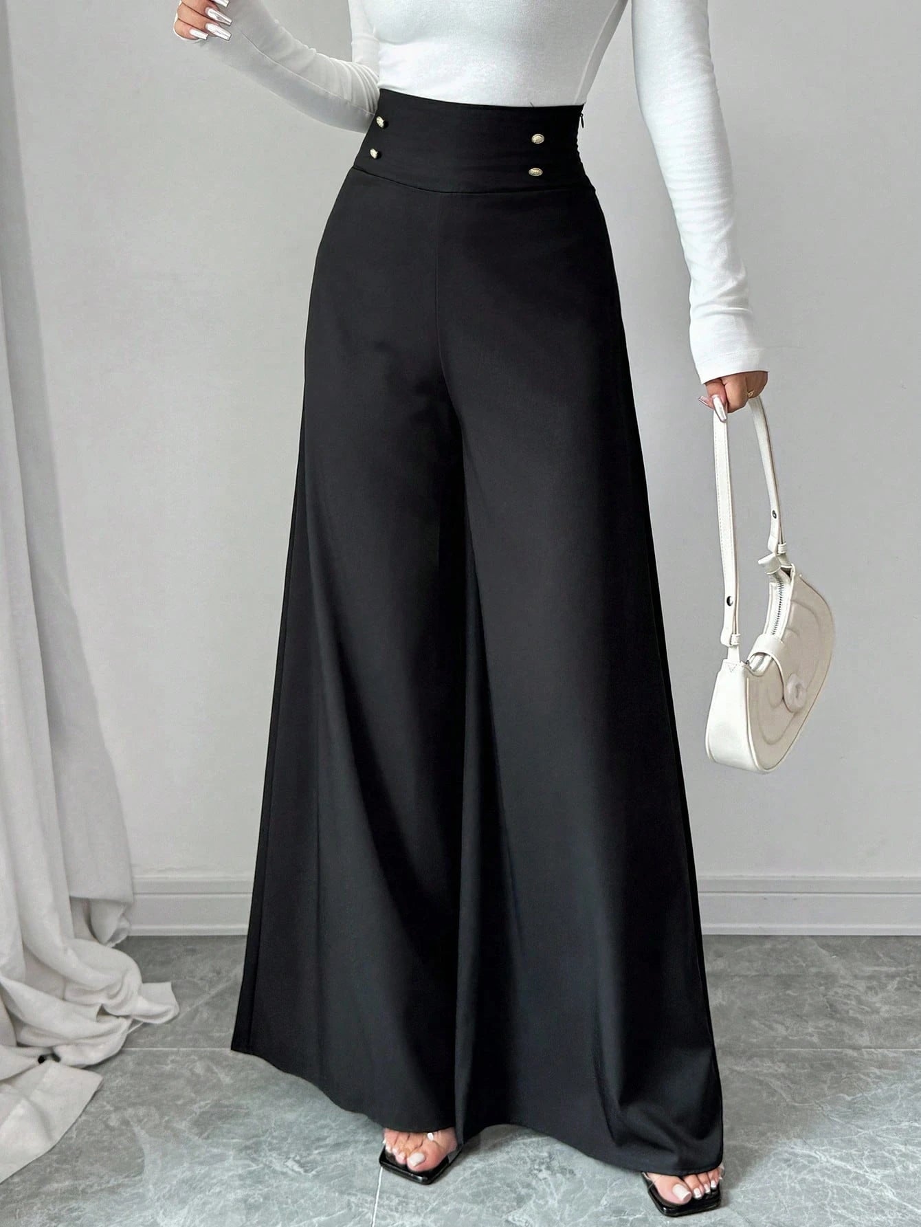 Firerie Women's Minimalist Classy Elegant High-Waisted Slimming Black Wide Leg Pants For Work Dinner,Office Work Wear Teachers' Day Summer