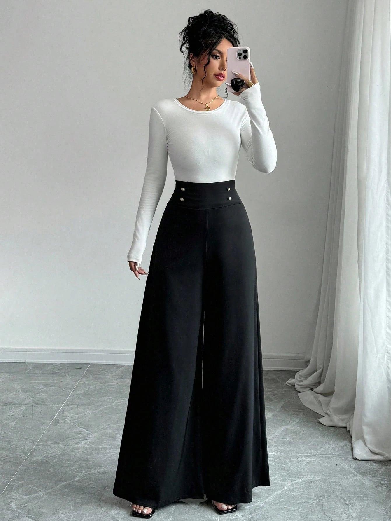 Firerie Women's Minimalist Classy Elegant High-Waisted Slimming Black Wide Leg Pants For Work Dinner,Office Work Wear Teachers' Day Summer