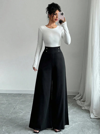 Firerie Women's Minimalist Classy Elegant High-Waisted Slimming Black Wide Leg Pants For Work Dinner,Office Work Wear Teachers' Day Summer