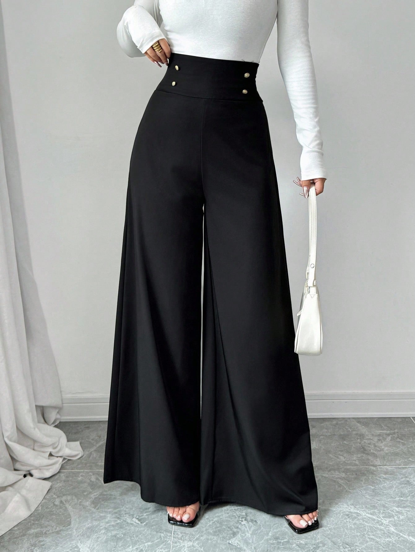 Firerie Women's Minimalist Classy Elegant High-Waisted Slimming Black Wide Leg Pants For Work Dinner,Office Work Wear Teachers' Day Summer