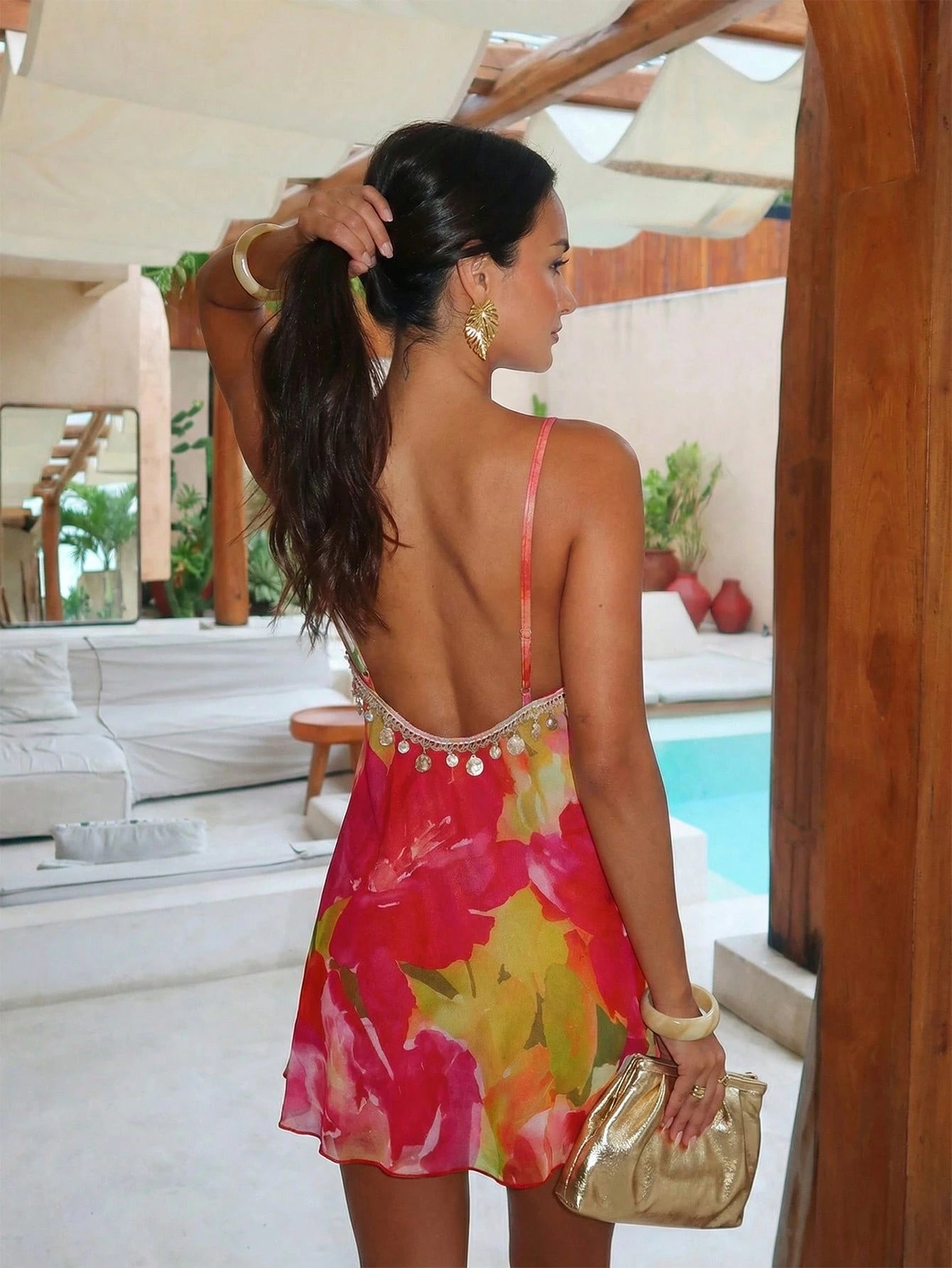 Firerie Women's Red Floral Summer Mini Dress,Boho Holiday Vacation Holiday Deep V Mesh Backless Spaghetti Strap Tassel Bead Decor Elegant Beach Hawaii Skirt