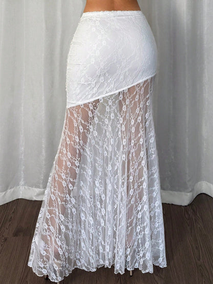 Firerie Women's White Lace Asymmetrical Hem High Waist Skirt Suitable For Commute's Day Wedding Bachelorette Party Bride Divorce Season Concert Rave Summer