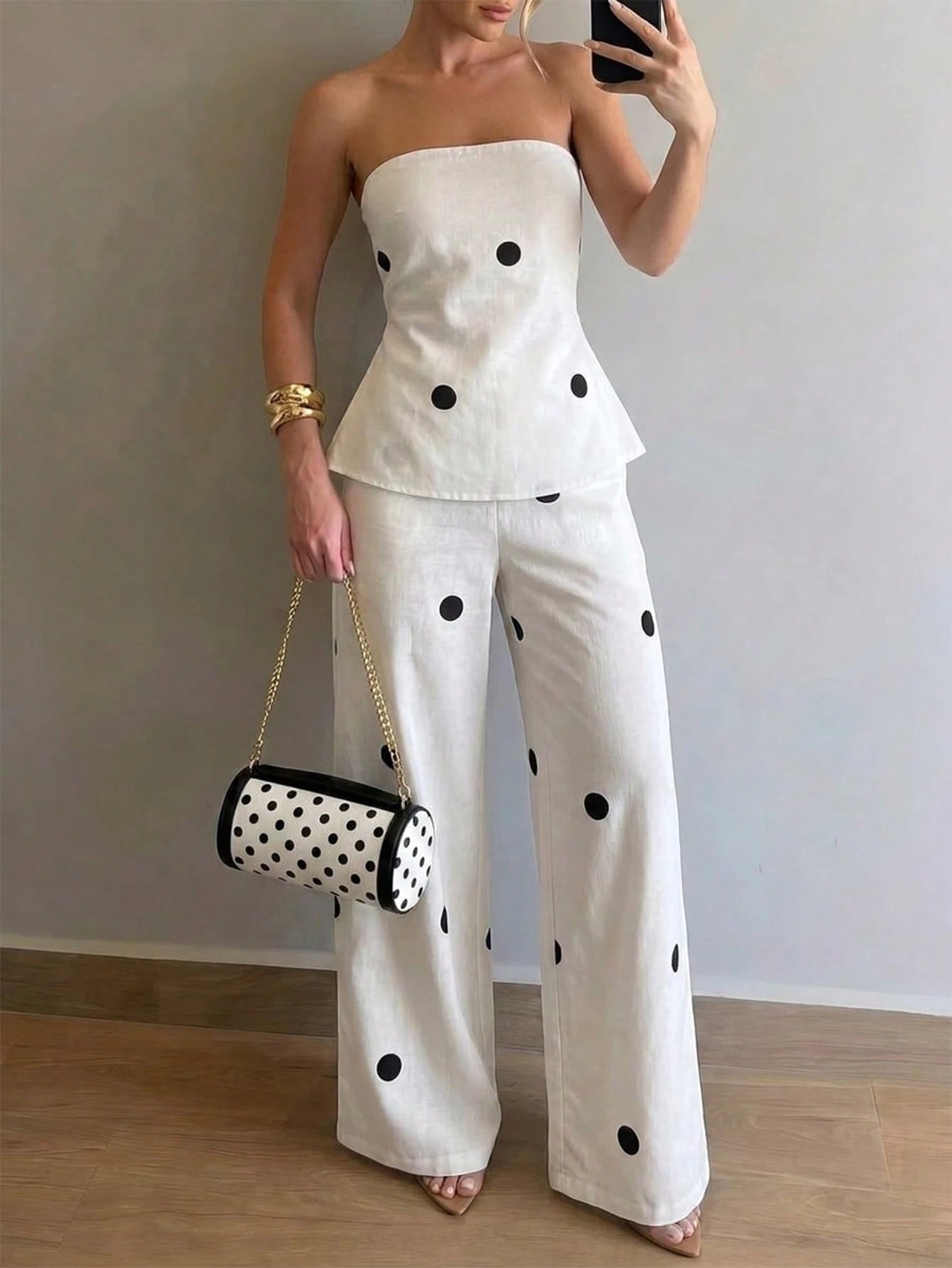 Firerie Women's White With Black Polka Dots,Summer,Casual,Holiday,Vacation,Holiday Ruffle Tube Top And Elastic Waist Pants Two Pieces Set,Boho Beach Outfit