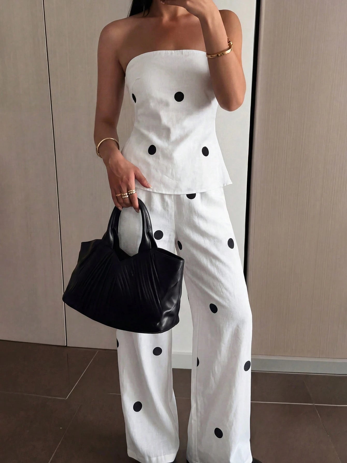 Firerie Women's White With Black Polka Dots,Summer,Casual,Holiday,Vacation,Holiday Ruffle Tube Top And Elastic Waist Pants Two Pieces Set,Boho Beach Outfit
