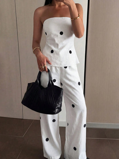 Firerie Women's White With Black Polka Dots,Summer,Casual,Holiday,Vacation,Holiday Ruffle Tube Top And Elastic Waist Pants Two Pieces Set,Boho Beach Outfit