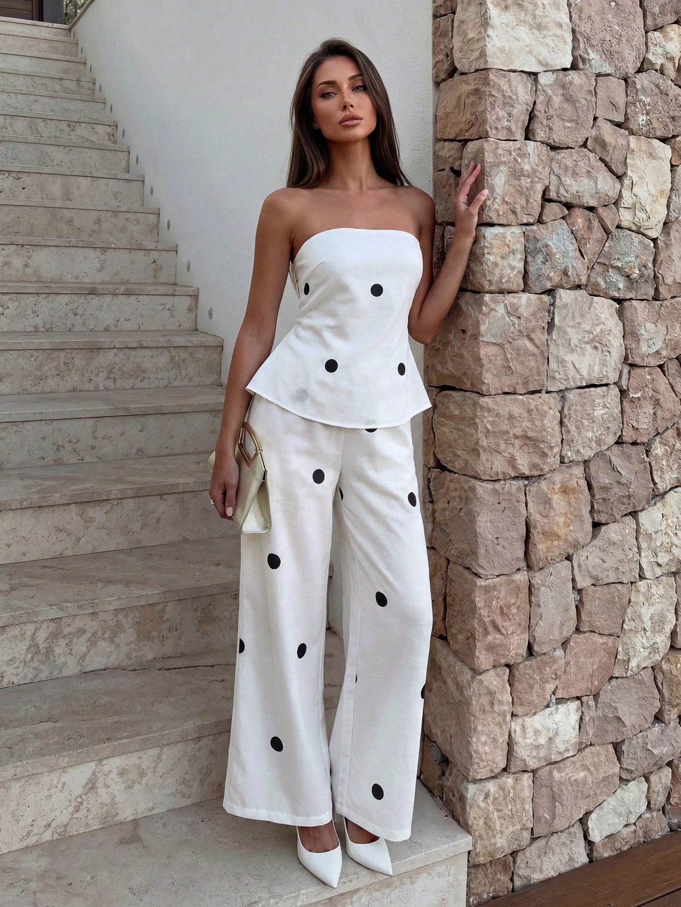 Firerie Women's White With Black Polka Dots,Summer,Casual,Holiday,Vacation,Holiday Ruffle Tube Top And Elastic Waist Pants Two Pieces Set,Boho Beach Outfit