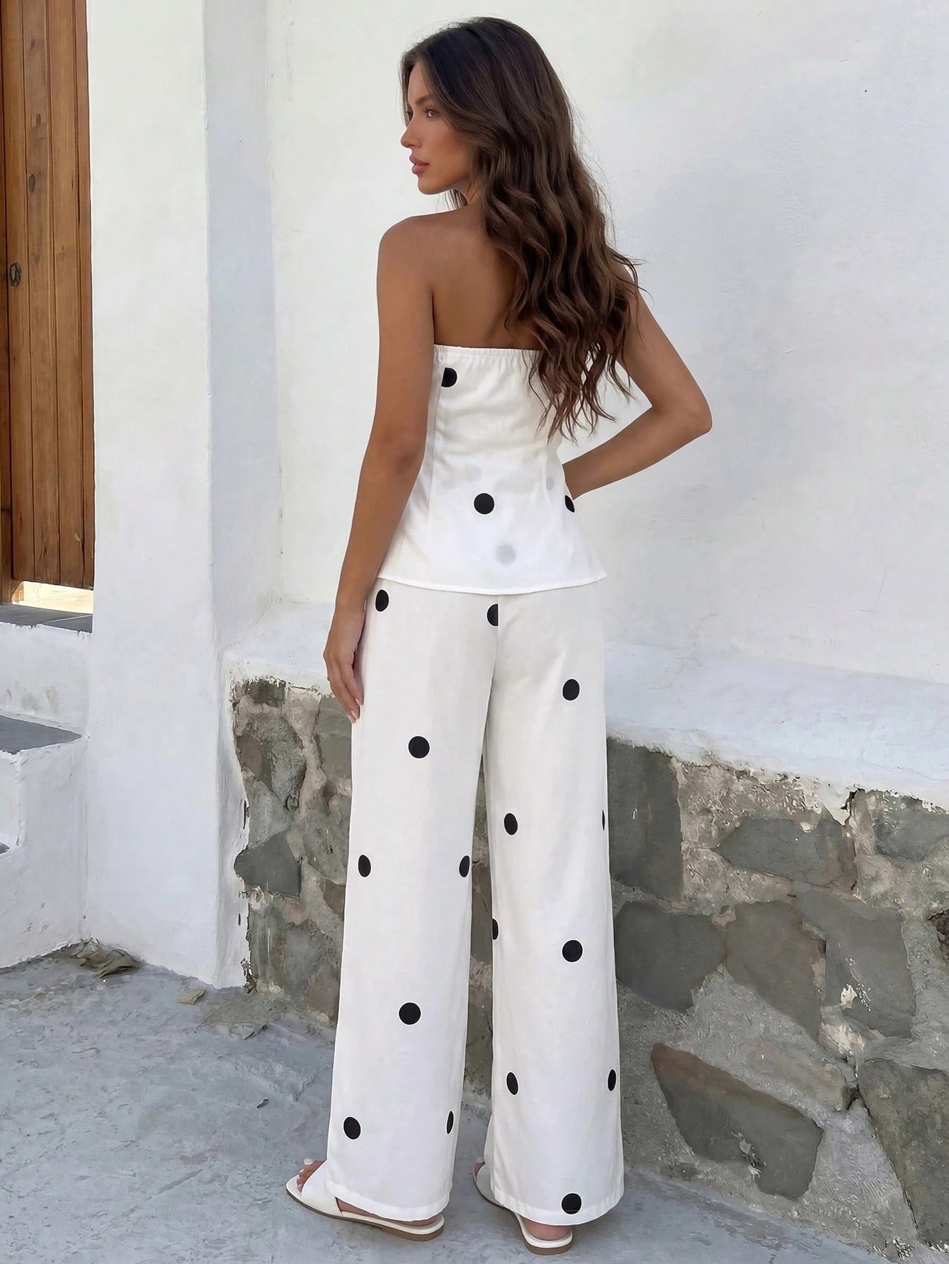 Firerie Women's White With Black Polka Dots,Summer,Casual,Holiday,Vacation,Holiday Ruffle Tube Top And Elastic Waist Pants Two Pieces Set,Boho Beach Outfit