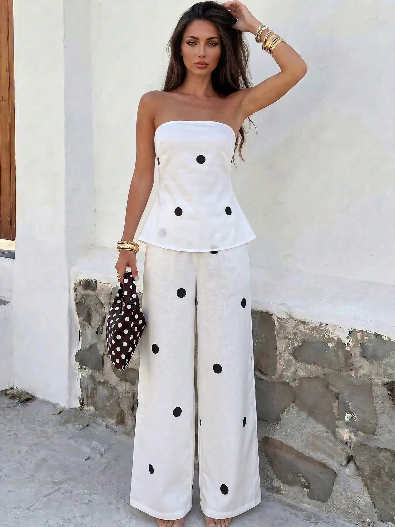 Firerie Women's White With Black Polka Dots,Summer,Casual,Holiday,Vacation,Holiday Ruffle Tube Top And Elastic Waist Pants Two Pieces Set,Boho Beach Outfit