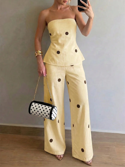 Firerie Women's White With Black Polka Dots,Summer,Casual,Holiday,Vacation,Holiday Ruffle Tube Top And Elastic Waist Pants Two Pieces Set,Boho Beach Outfit