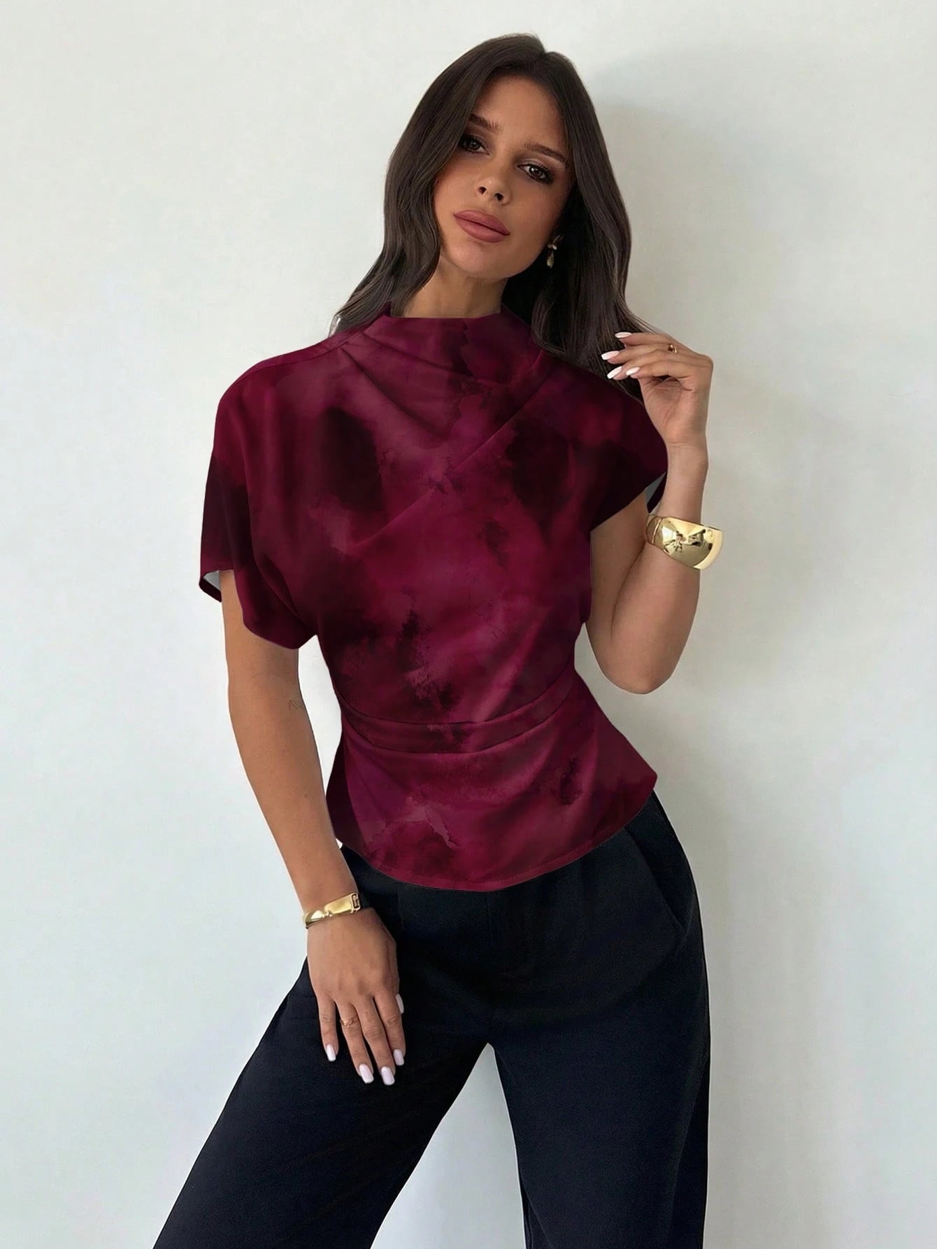 Firerie Wrinkled Collar Asymmetrical Sleeve Side Ruched Cinched Waist Commuter Apricot Bamboo Fiber Linen Blouse For Women, All Season,Summer Top