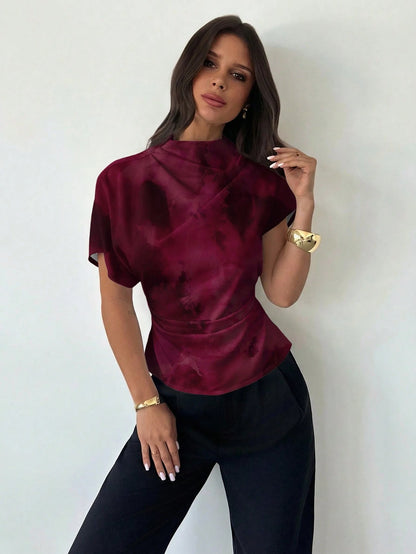 Firerie Wrinkled Collar Asymmetrical Sleeve Side Ruched Cinched Waist Commuter Apricot Bamboo Fiber Linen Blouse For Women, All Season,Summer Top