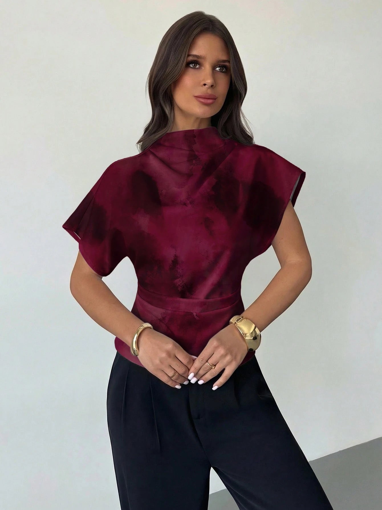 Firerie Wrinkled Collar Asymmetrical Sleeve Side Ruched Cinched Waist Commuter Apricot Bamboo Fiber Linen Blouse For Women, All Season,Summer Top