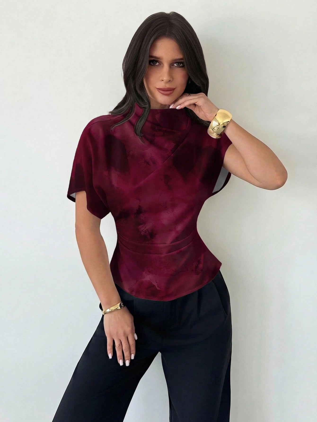 Firerie Wrinkled Collar Asymmetrical Sleeve Side Ruched Cinched Waist Commuter Apricot Bamboo Fiber Linen Blouse For Women, All Season,Summer Top