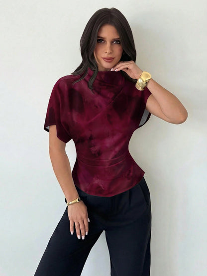 Firerie Wrinkled Collar Asymmetrical Sleeve Side Ruched Cinched Waist Commuter Apricot Bamboo Fiber Linen Blouse For Women, All Season,Summer Top