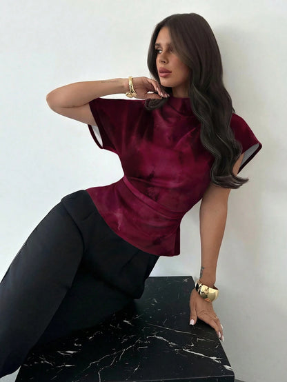 Firerie Wrinkled Collar Asymmetrical Sleeve Side Ruched Cinched Waist Commuter Apricot Bamboo Fiber Linen Blouse For Women, All Season,Summer Top