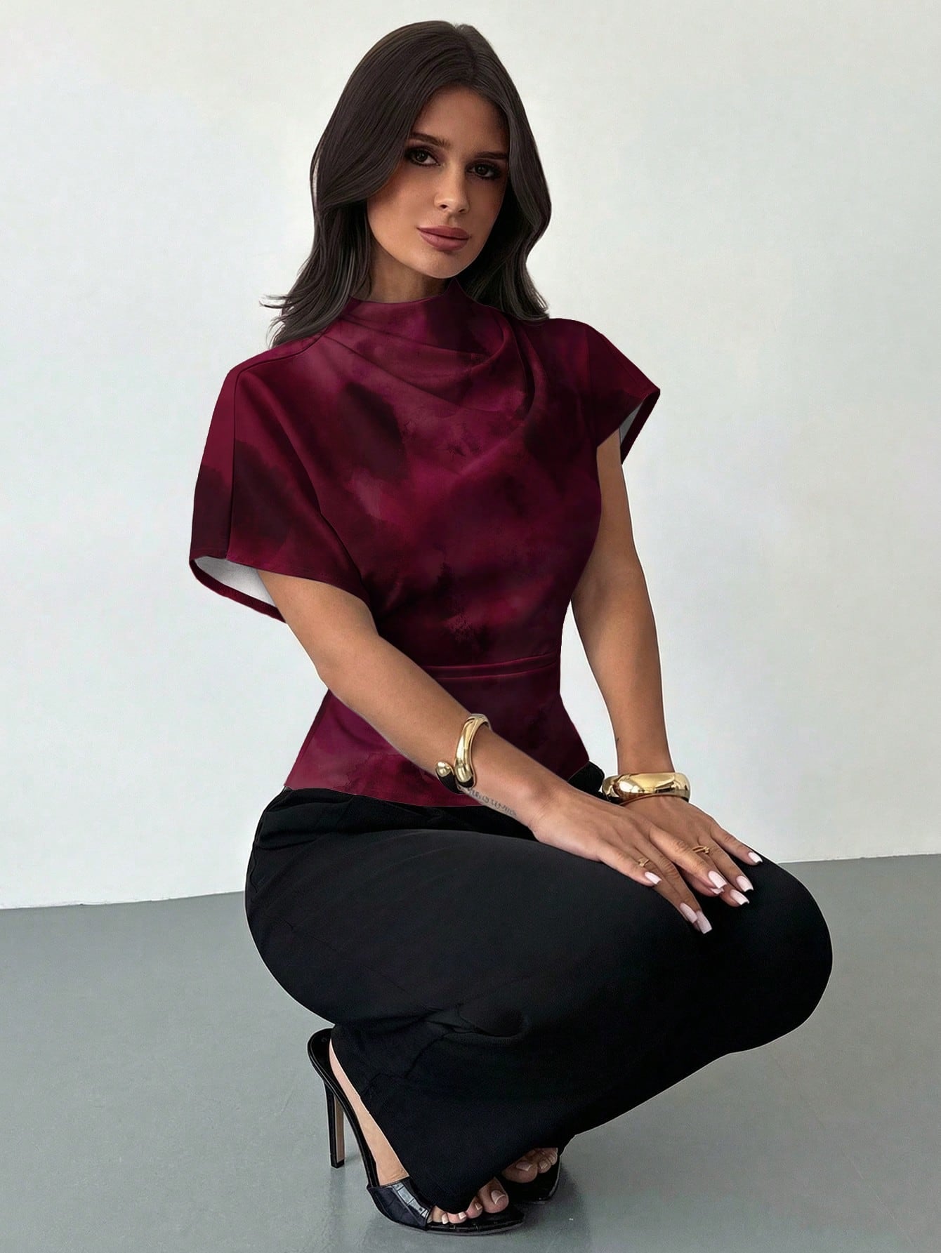 Firerie Wrinkled Collar Asymmetrical Sleeve Side Ruched Cinched Waist Commuter Apricot Bamboo Fiber Linen Blouse For Women, All Season,Summer Top