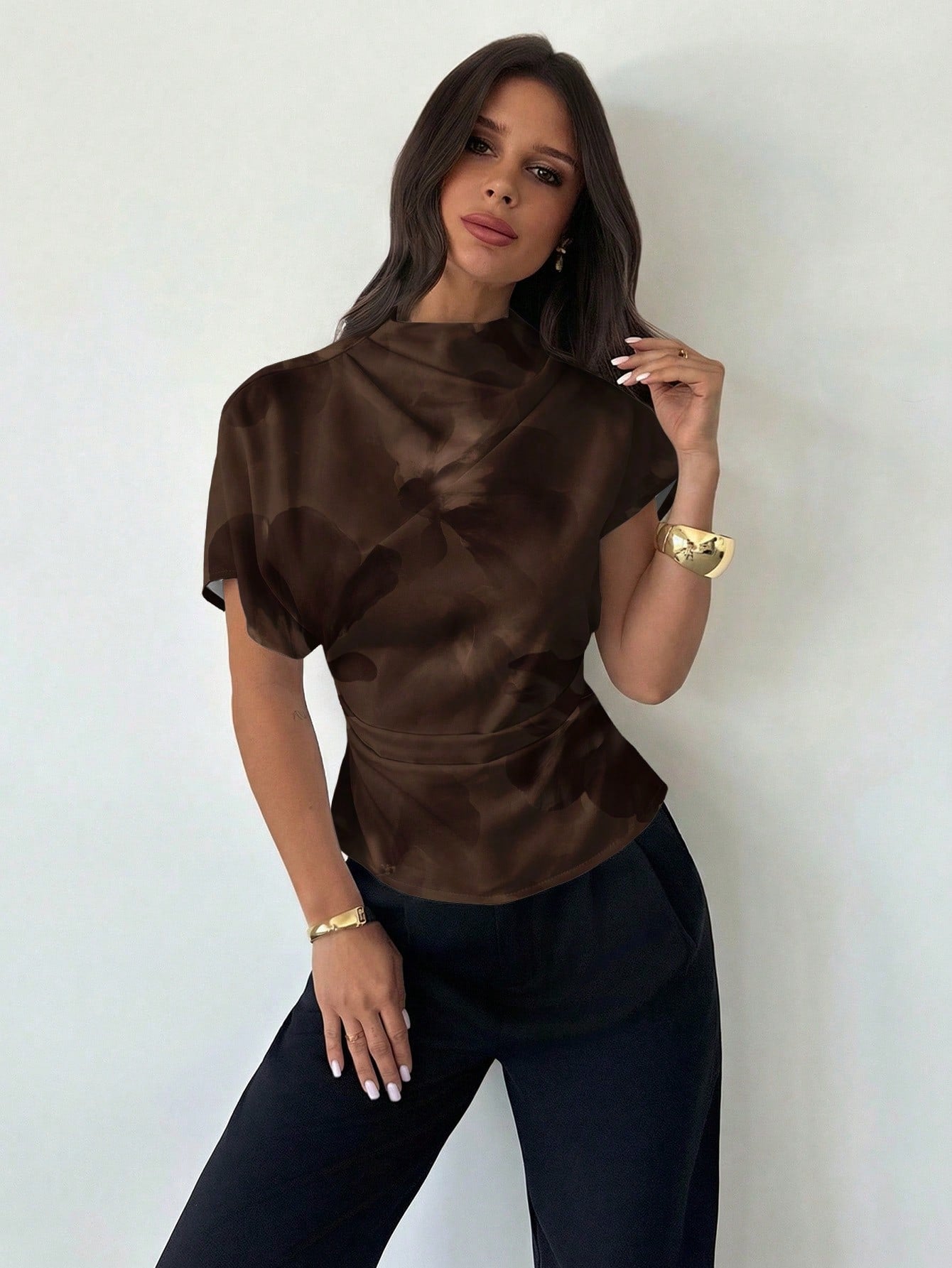 Firerie Wrinkled Collar Asymmetrical Sleeve Side Ruched Cinched Waist Commuter Apricot Bamboo Fiber Linen Blouse For Women, All Season,Summer Top