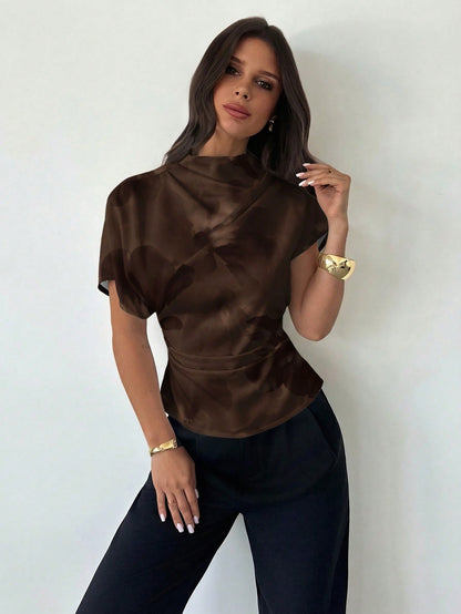 Firerie Wrinkled Collar Asymmetrical Sleeve Side Ruched Cinched Waist Commuter Apricot Bamboo Fiber Linen Blouse For Women, All Season,Summer Top