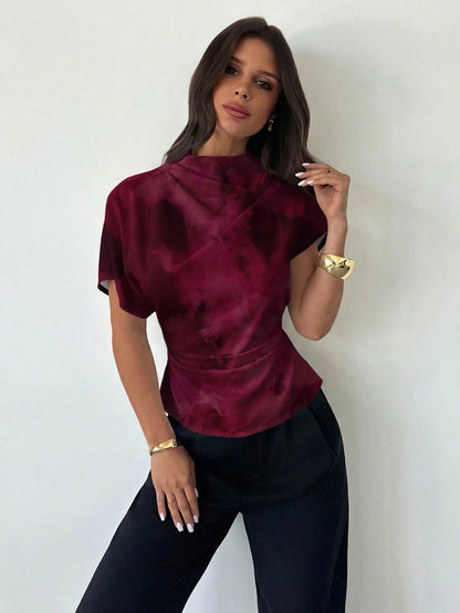 Firerie Wrinkled Collar Asymmetrical Sleeve Side Ruched Cinched Waist Commuter Apricot Bamboo Fiber Linen Blouse For Women, All Season,Summer Top