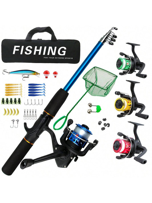 Fishing Starter Pole Set- Portable Telescopic 1.5M/4.92ft Fishing Rod Spincast Reel Combos Hooks- Perfect For Beginner Youth