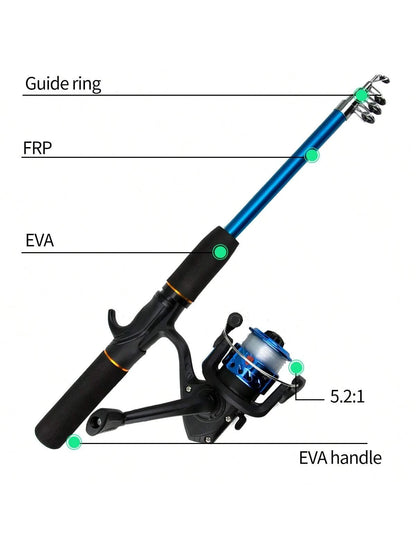 Fishing Starter Pole Set- Portable Telescopic 1.5M/4.92ft Fishing Rod Spincast Reel Combos Hooks- Perfect For Beginner Youth