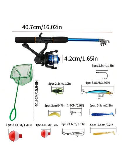 Fishing Starter Pole Set- Portable Telescopic 1.5M/4.92ft Fishing Rod Spincast Reel Combos Hooks- Perfect For Beginner Youth