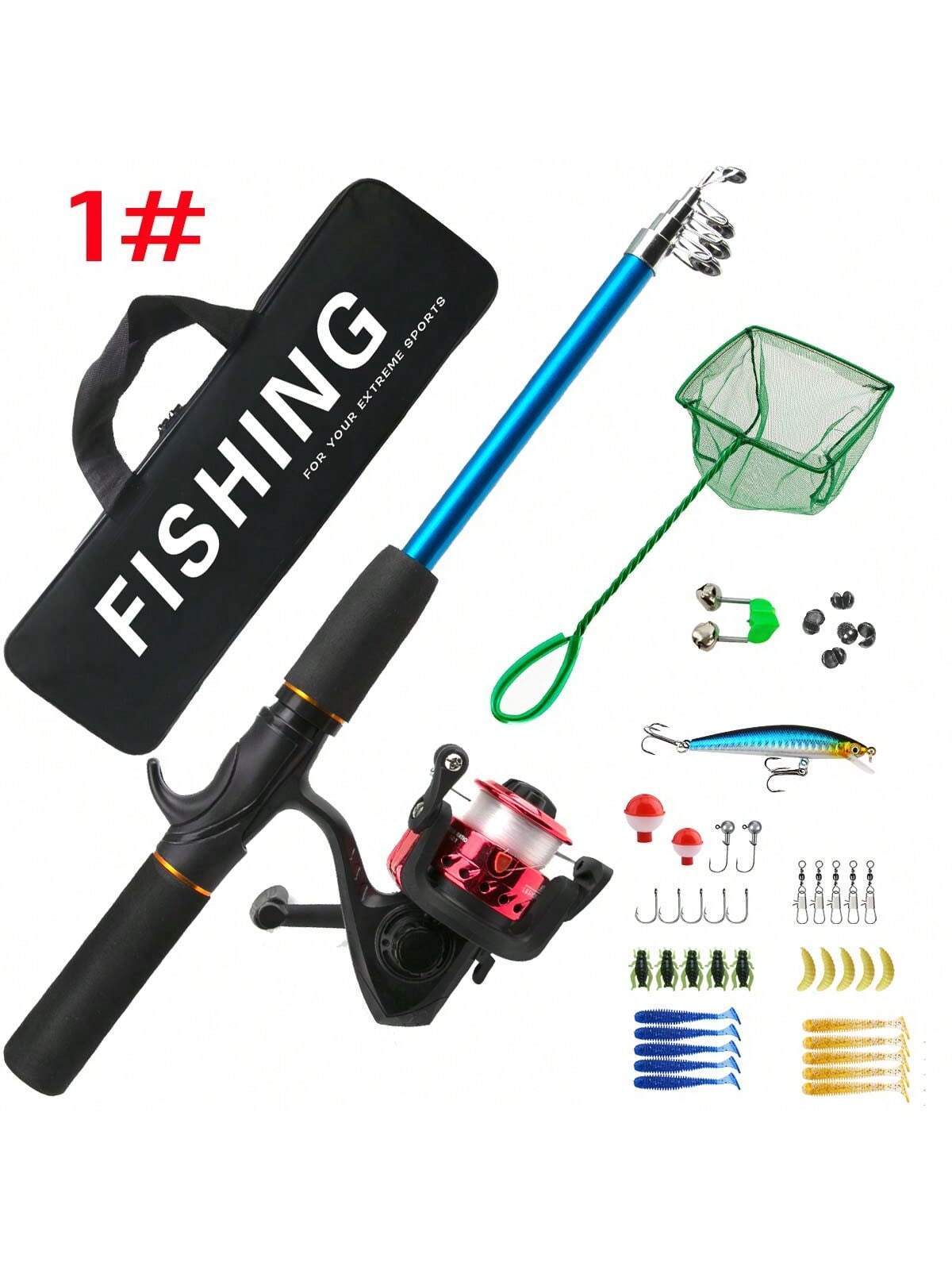 Fishing Starter Pole Set- Portable Telescopic 1.5M/4.92ft Fishing Rod Spincast Reel Combos Hooks- Perfect For Beginner Youth