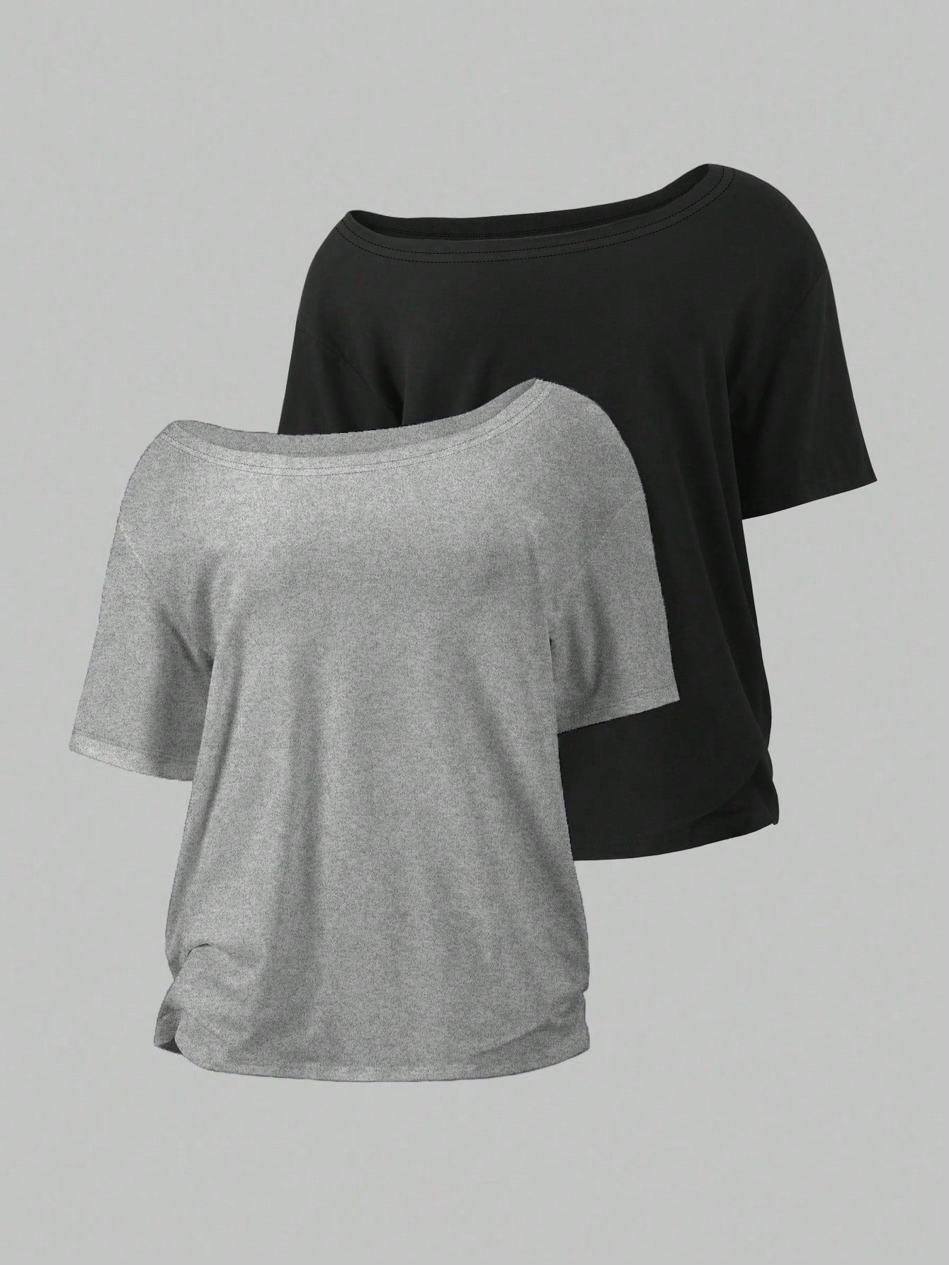 Flirla 2pcs/Set Oblique Shoulder Loose T-Shirt,Asymmetric Shoulder Off-Shoulder T-Shirt, Plus Size Women's Top
