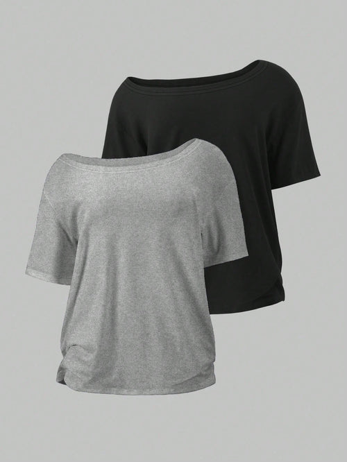 Flirla 2pcs/Set Oblique Shoulder Loose T-Shirt,Asymmetric Shoulder Off-Shoulder T-Shirt, Plus Size Women's Top