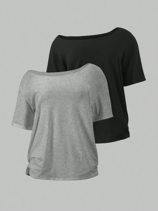 Flirla 2pcs/Set Oblique Shoulder Loose T-Shirt,Asymmetric Shoulder Off-Shoulder T-Shirt, Plus Size Women's Top