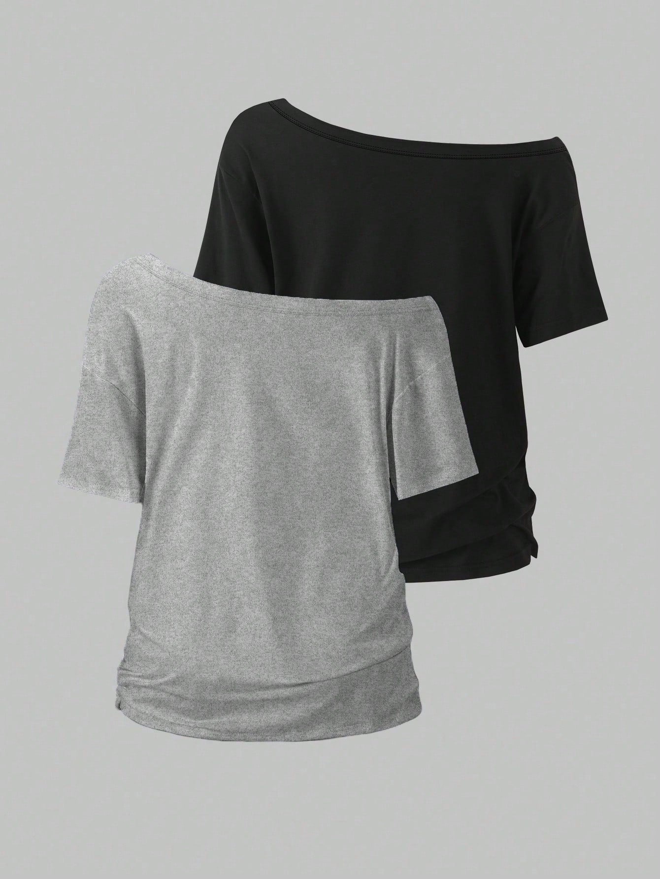 Flirla 2pcs/Set Oblique Shoulder Loose T-Shirt,Asymmetric Shoulder Off-Shoulder T-Shirt, Plus Size Women's Top