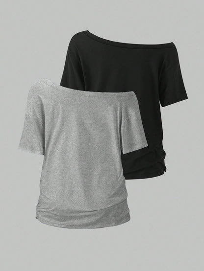 Flirla 2pcs/Set Oblique Shoulder Loose T-Shirt,Asymmetric Shoulder Off-Shoulder T-Shirt, Plus Size Women's Top