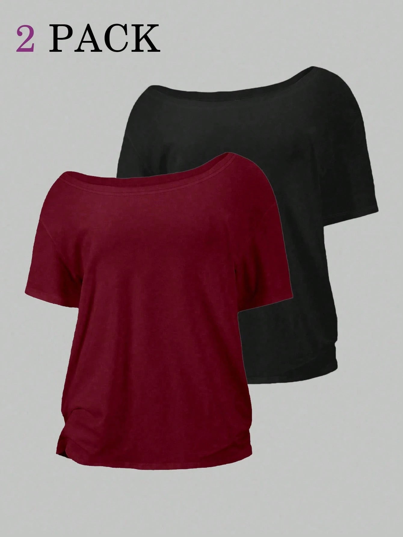 Flirla 2pcs/Set Oblique Shoulder Loose T-Shirt,Asymmetric Shoulder Off-Shoulder T-Shirt, Plus Size Women's Top