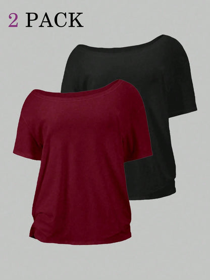 Flirla 2pcs/Set Oblique Shoulder Loose T-Shirt,Asymmetric Shoulder Off-Shoulder T-Shirt, Plus Size Women's Top