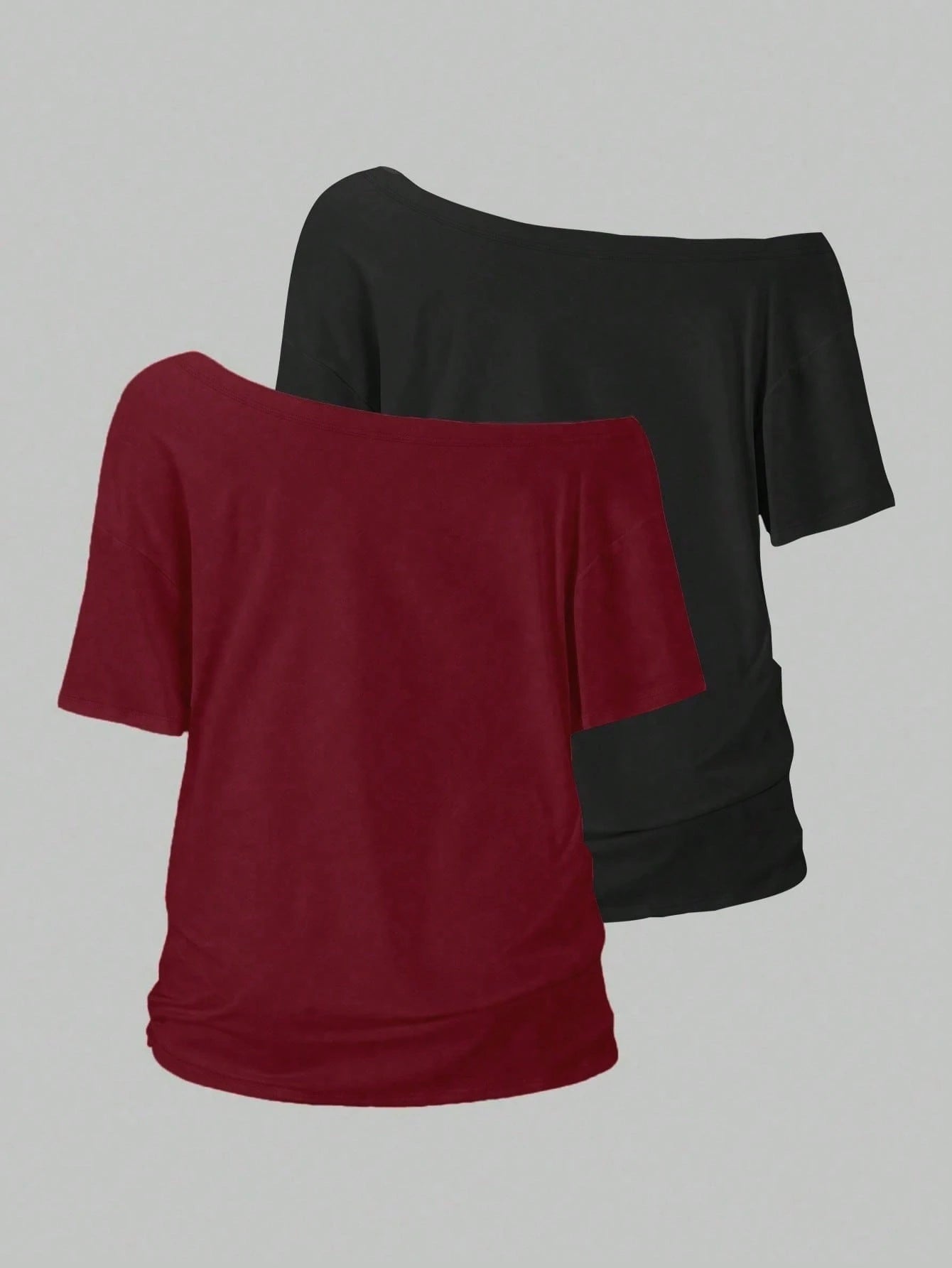 Flirla 2pcs/Set Oblique Shoulder Loose T-Shirt,Asymmetric Shoulder Off-Shoulder T-Shirt, Plus Size Women's Top