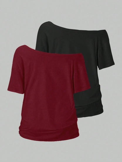 Flirla 2pcs/Set Oblique Shoulder Loose T-Shirt,Asymmetric Shoulder Off-Shoulder T-Shirt, Plus Size Women's Top