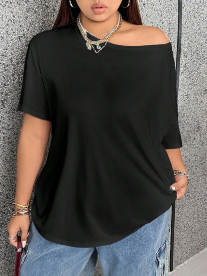 Flirla 2pcs/Set Oblique Shoulder Loose T-Shirt,Asymmetric Shoulder Off-Shoulder T-Shirt, Plus Size Women's Top