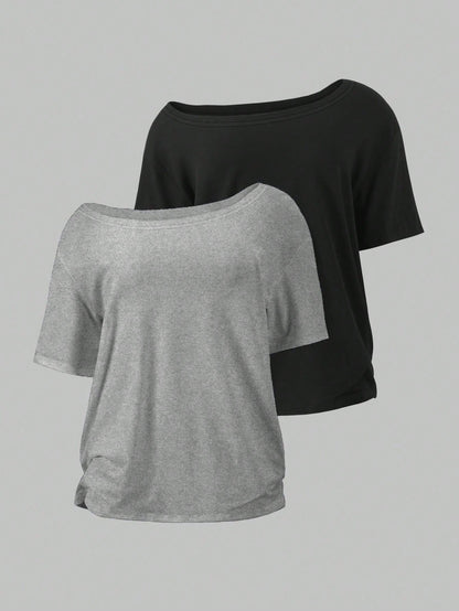 Flirla 2pcs/Set Oblique Shoulder Loose T-Shirt,Asymmetric Shoulder Off-Shoulder T-Shirt, Plus Size Women's Top