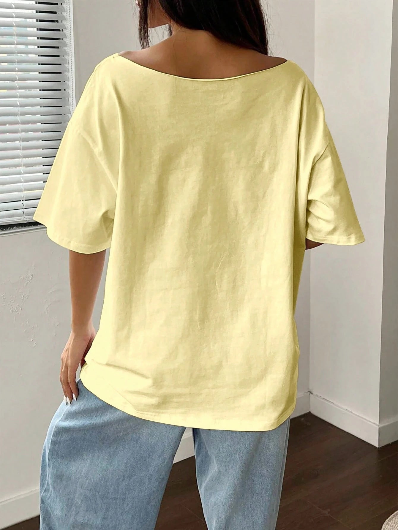 Flirla Oversized Y2K Sea Creature Print Asymmetric Neck Loose T-Shirt, Plus Size Summer Short Sleeve Yellow Tee