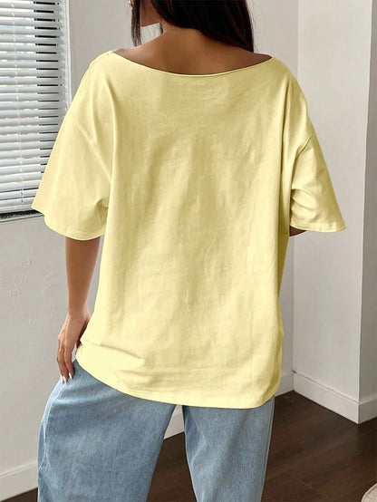 Flirla Oversized Y2K Sea Creature Print Asymmetric Neck Loose T-Shirt, Plus Size Summer Short Sleeve Yellow Tee