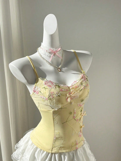 Flirla Yellow Contrast Ruffle Trim V-Neck Cinched Waist Camisole Tank Top For Women, Spring/Summer, Vacation, Elegant Retro Romantic Sweet Casual Versatile