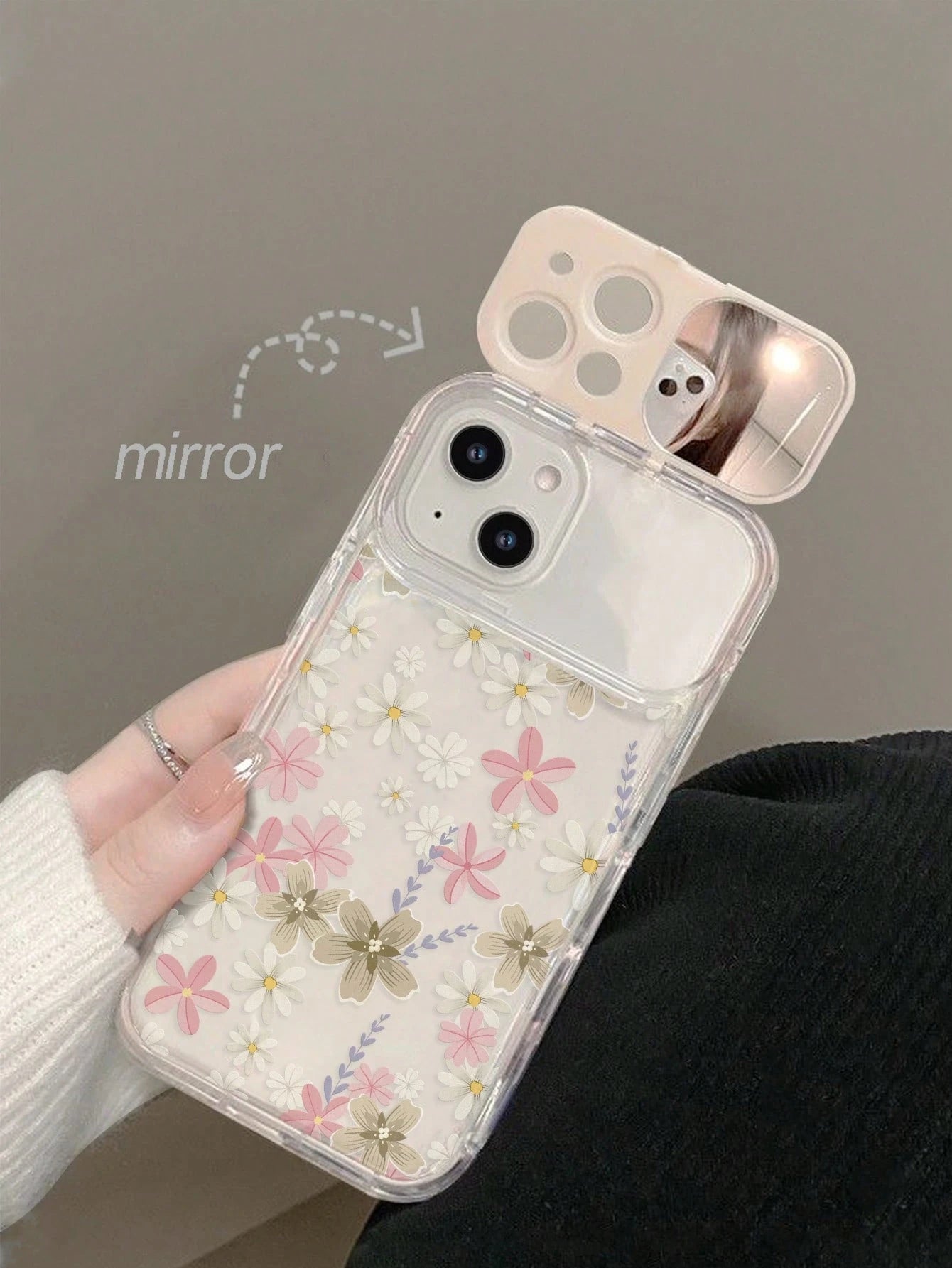 Floral Elements TPU White Pink Stand Phone Case TPU White Pink Floral Elements Stand Phone Case Mirror Elements Sliding Mirror Stand Transparent TPU Flower Phone Case With Mirror Stand Compatible With