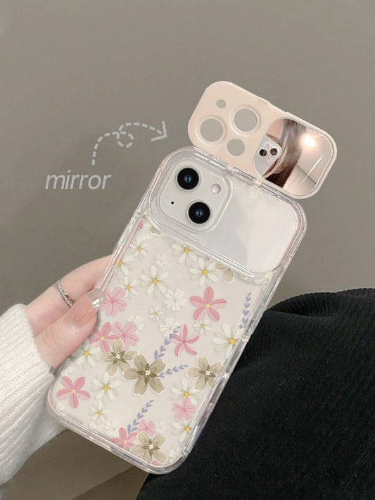 Floral Elements TPU White Pink Stand Phone Case TPU White Pink Floral Elements Stand Phone Case Mirror Elements Sliding Mirror Stand Transparent TPU Flower Phone Case With Mirror Stand Compatible With