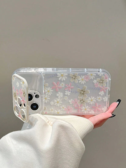 Floral Elements TPU White Pink Stand Phone Case TPU White Pink Floral Elements Stand Phone Case Mirror Elements Sliding Mirror Stand Transparent TPU Flower Phone Case With Mirror Stand Compatible With