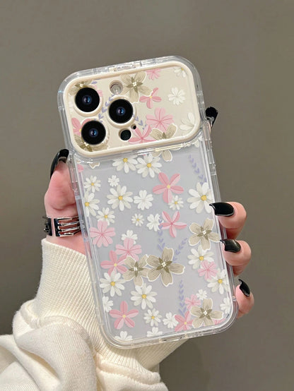 Floral Elements TPU White Pink Stand Phone Case TPU White Pink Floral Elements Stand Phone Case Mirror Elements Sliding Mirror Stand Transparent TPU Flower Phone Case With Mirror Stand Compatible With